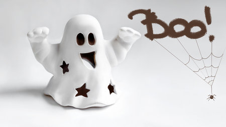 Funny white ghost doing boo gesture on white background. Halloween greeting cardの写真素材