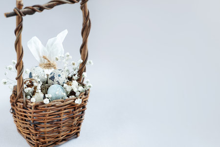 Easter wicker basket full of small spotted eggs decorated with white flowers on light background.の写真素材
