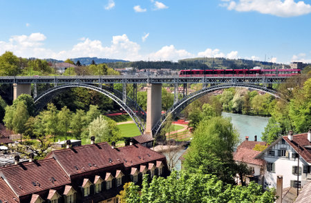 Panoramic view on railway bridge over the river Aare in Berne (Bern), Switzerlandの写真素材