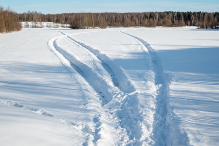 Trampled paths in the snow on the surface of frozen lake with  forest line on horizon on winter dayの写真素材
