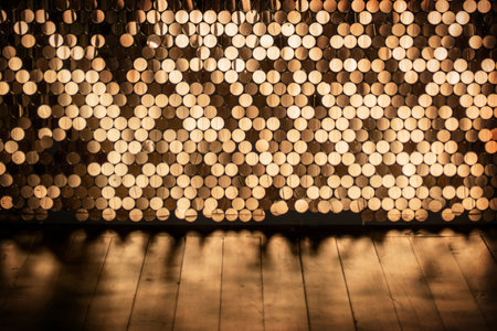 Glittering polygonal honey combs blurred golden backgroundの写真素材