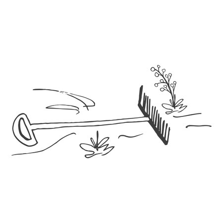 Home gardening doodle elements. Rake laying on the groundのイラスト素材
