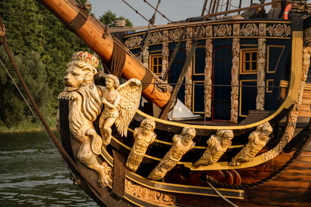 August 2022, Voronezh, Russia - carved figures on the bow of Historical copy of first battleship "Goto Predestination" or "God's Providence"のeditorial素材