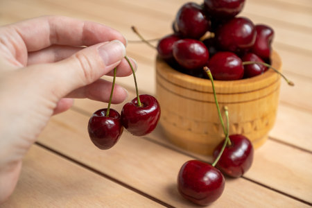 Human hand tooks two ripe red sweet cherries from tableの写真素材