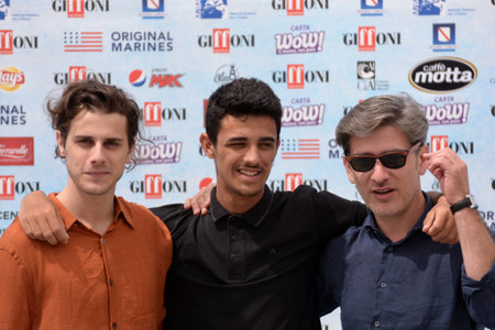 Giffoni Valle Piana, Sa, Italy - July 24, 2018 : Cosimo Terlizzi, Andrea Arcangeli and Luigi Catani at Giffoni Film Festival 2018 - on July 24, 2018 in Giffoni Valle Piana, Italyのeditorial素材