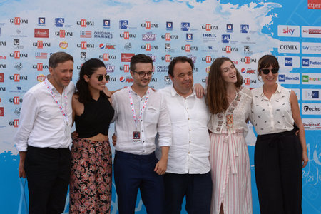 Giffoni Valle Piana, Sa, Italy - July 23, 2018 : Hugh Sacks, Richard Henders and Nicola Abbatangelo at Giffoni Film Festival 2018 - on July 23, 2018 in Giffoni Valle Piana, Italyのeditorial素材