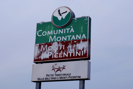 Italy : Comunita' Montana Monti Picentini, Sign, In Giffoni Valle Piana, April 2019.のeditorial素材