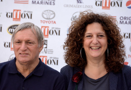 Giffoni Valle Piana, Sa, Italy - July 20, 2019 : Don Luigi Ciotti and Gianna Fracassi at Giffoni Film Festival 2019 - on July 20, 2019 in Giffoni Valle Piana, Italy.のeditorial素材