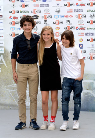 Giffoni Valle Piana, Sa, Italy - July 21, 2019 : Cast Tv Series : " New School ", Cloe Romagnoli, Matteo Valentini and Edoardo Tarantini at Giffoni Film Festival 2019 - on July 21, 2019 in Giffoni Valle Piana, Italy.のeditorial素材