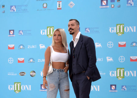 GIFFONI VALLE PIANA, ITALY - July 23, 2021: Samara Tramontana and Simone Giacomini at Giffoni Film Festival 50 Plus - on July 23, 2021 in Giffoni Valle Piana, Italy.のeditorial素材