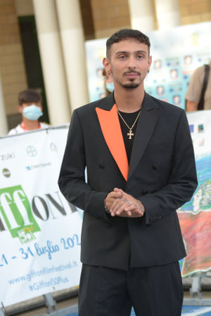 GIFFONI VALLE PIANA, ITALY - July 27, 2021: Emanuele Caso alias Random at Giffoni Film Festival 50 Plus - on July 27, 2021 in Giffoni Valle Piana, Italy.のeditorial素材