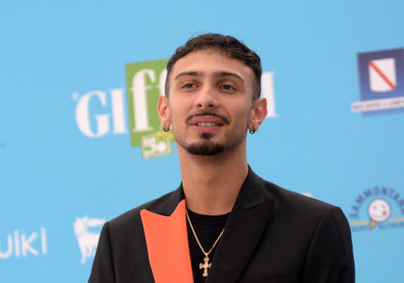 GIFFONI VALLE PIANA, ITALY - July 27, 2021: Emanuele Caso alias Random at Giffoni Film Festival 50 Plus - on July 27, 2021 in Giffoni Valle Piana, Italy.のeditorial素材
