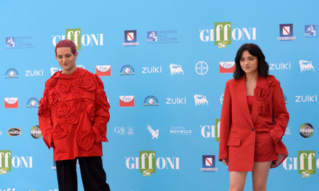 GIFFONI VALLE PIANA, ITALY - July 27,2021: The Representative of Lista (Dario Mangiaracina and Veronica Lucchesi) at Giffoni Film Festival 50 Plus - on July 27, 2021 in Giffoni Valle Piana, Italy.のeditorial素材
