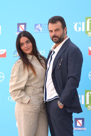 GIFFONI VALLE PIANA, ITALY - July 30,2021: Pina Turco and Edoardo De Angelis at Giffoni Film Festival 50 Plus - on July 30, 2021 in Giffoni Valle Piana, Italy.のeditorial素材