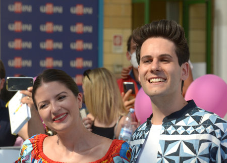 GIFFONI VALLE PIANA,ITALY - July 28,2021: Sofia Scalia and Luigi Calagna of the Cast "Me contro Te" at Giffoni Film Festival 50 Plus - on July 28, 2021 in Giffoni Valle Piana, Italy.のeditorial素材