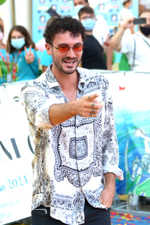 GIFFONI VALLE PIANA, ITALY - July 24,2021: Carlo Luigi Coraggio alias Carl Brave at Giffoni Film Festival 50 Plus - on July 24, 2021 in Giffoni Valle Piana, Italy.のeditorial素材