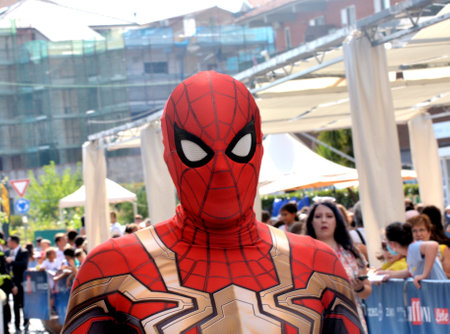 GIFFONI VALLE PIANA, ITALY - July 27,2022: Italian stuntman and cosplayer of Spider-Man, Marko Noctis attends the blue carpet at the Giffoni Film Festival 2022 - on July 27, 2022 in Giffoni Valle Piana, Italy.のeditorial素材