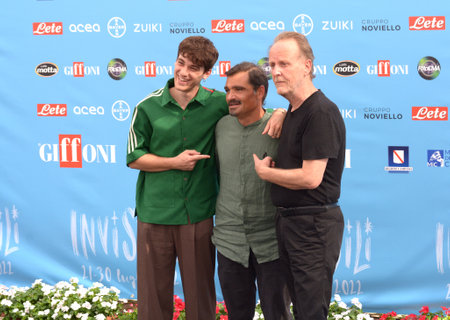 GIFFONI VALLE PIANA, ITALY - July 22,2022: Daniele Mencarelli, Federico Cesari and Francesco Bruni at Giffoni Film Festival 2022 - on July 22, 2022 in Giffoni Valle Piana, Italy.のeditorial素材