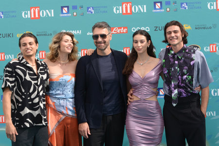GIFFONI VALLE PIANA,ITALY - July 29,2023 : Enea Barozzi, Fiorenza D'Antonio, Raoul Bova, Chiara Bordi and Vittorio Magazzのeditorial素材
