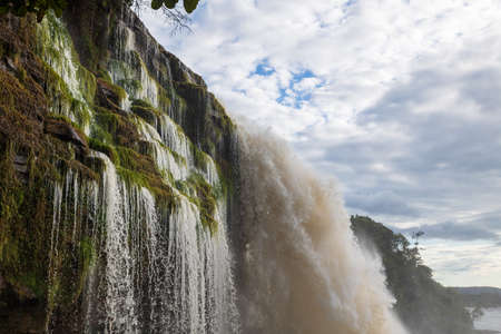 View of Waterfall Ax falling on the lagoon in Canaima National Park, Bolivar, Venezuela.の写真素材