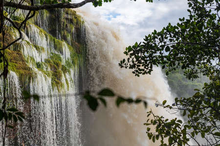View of Waterfall Ax falling on the lagoon in Canaima National Park, Bolivar, Venezuela.