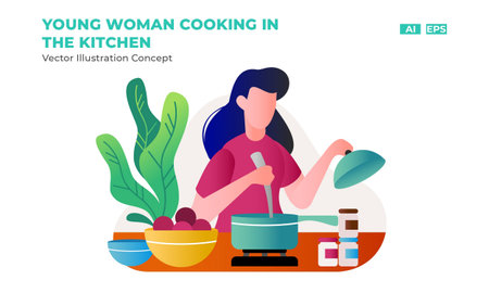 Young Woman Cooking in The Kitchen - Vector Illustration Conceptのイラスト素材