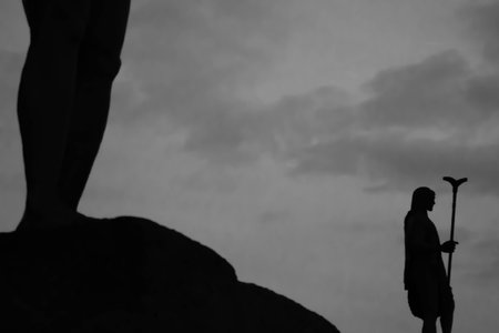 Black and white silhouette of metal statues of Guanches kings in Candelaria,Tenerife, Canary Islands. Cloudy sky.のeditorial素材