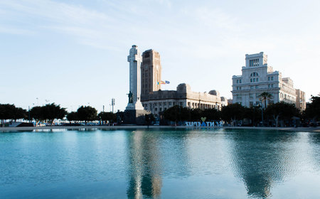 Plaza de Espana, main square of Santa Cruz de Tenerife, with monumental buildings and the pool.のeditorial素材