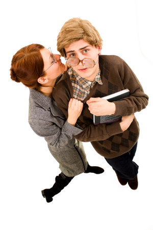 nerd guy scared of a woman の写真素材