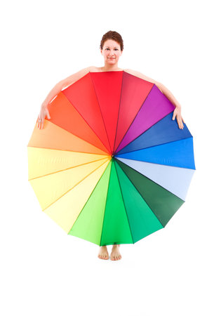 Girl with colorful umbrella with isolated backgroundの写真素材