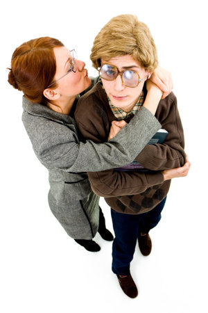 nerd guy scared of a womanの写真素材