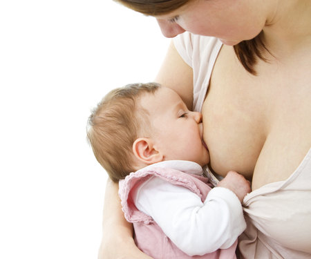 mother breastfeeding a little baby with white backgroundの写真素材