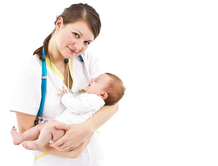 young doctor is examinating a little baby with a stethoscopeの写真素材