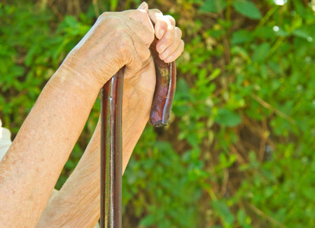 old woman's hands on a walking stick outside in the parkの写真素材