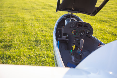 sailplane cockpit resting at mini airportの写真素材