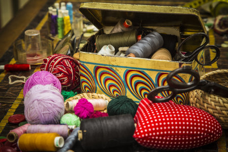 Some tools for home-made handcraft - needles and pins.の写真素材