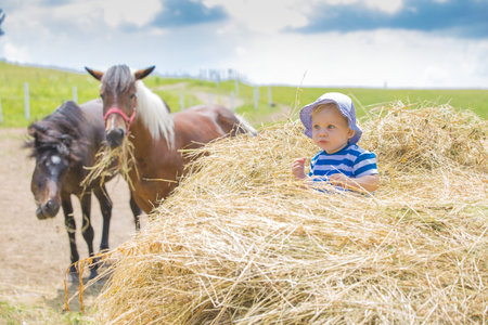 Children playing in nature in tha hay