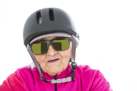 Old biker woman in a helmetの写真素材