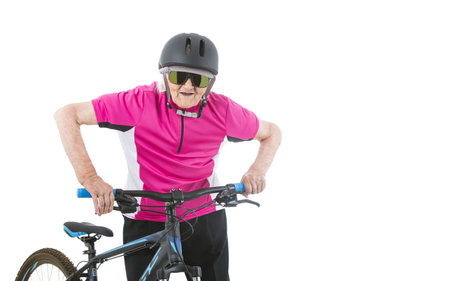 Old biker woman in a helmetの写真素材