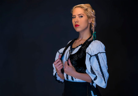 black and white ethno clothes on a caucasian womanの写真素材