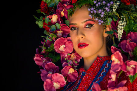 young fairy woman with flowers on her headの写真素材