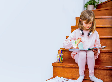 A young girl with headphones around her neck, sitting on wooden stairs, engaged in reading a colorful book, surrounded by art supplies, and enjoying a tranquil domestic moment in natural light.の写真素材