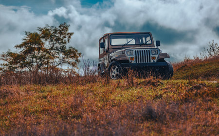 An off-road vehicle parked on a grassy hill under a cloudy sky.