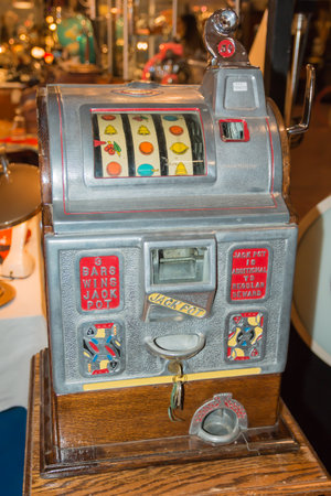 Close up of Vintage Nickel Slot Machine in excellent condition., modern art 20th centuryの写真素材