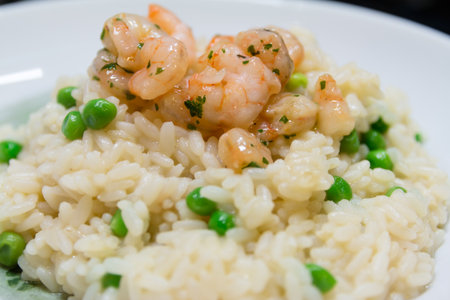 fried rice with shrimps and vegetables, closeup dishの写真素材