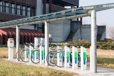 Bicycle parking in city, ecological mobility, Bike rental stationの写真素材