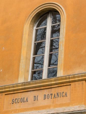 Botanical School Facade and Sign in Italian Language and windowのeditorial素材