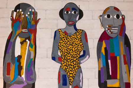 Three Monkeys picture on the wall representing the motivational proverb: See no Evil Hear no Evil Speak no evilの写真素材