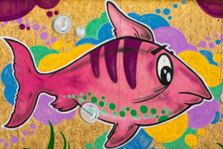 Pink Fish Grafito on Public Wall, Street Art Graffitiの写真素材