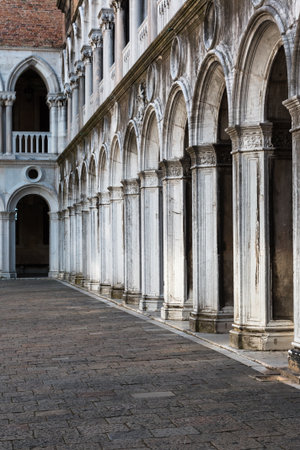 Arcade, Courtyard and Columns - Inside Doge's Palace: Gothic architecture in Venice, Italyのeditorial素材